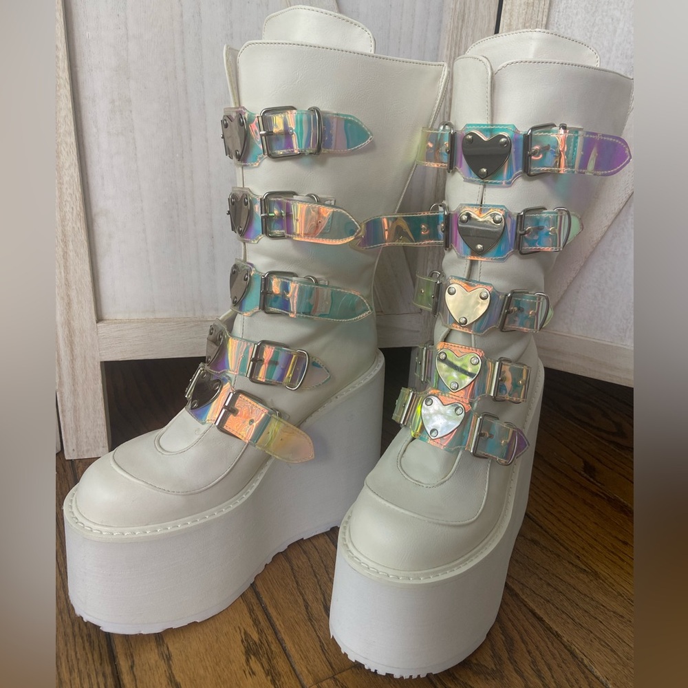 Demonia Swing-230 White 6-inch Platform Boots Holographic Heart Buckles